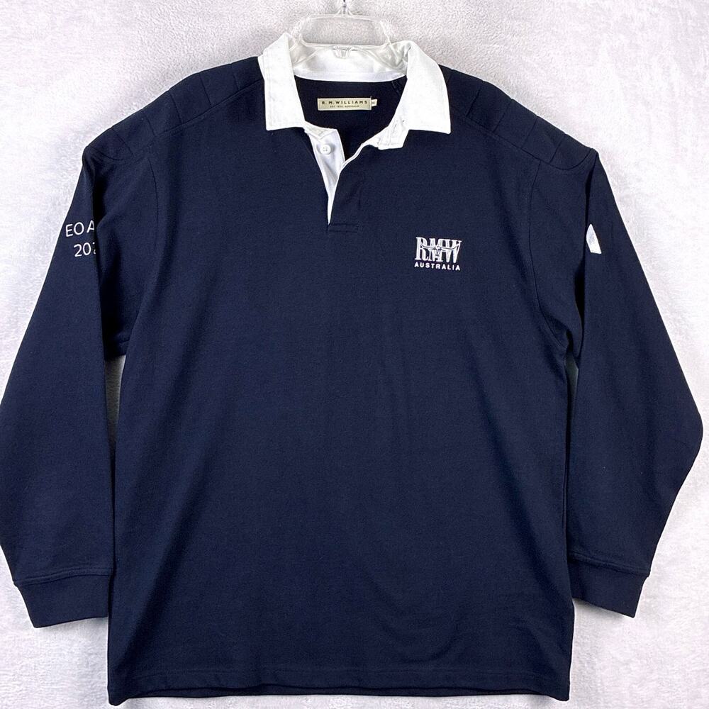 RM Williams Rugby Shirt Mens XXL Navy White Embroidered Australia Preppy Classic